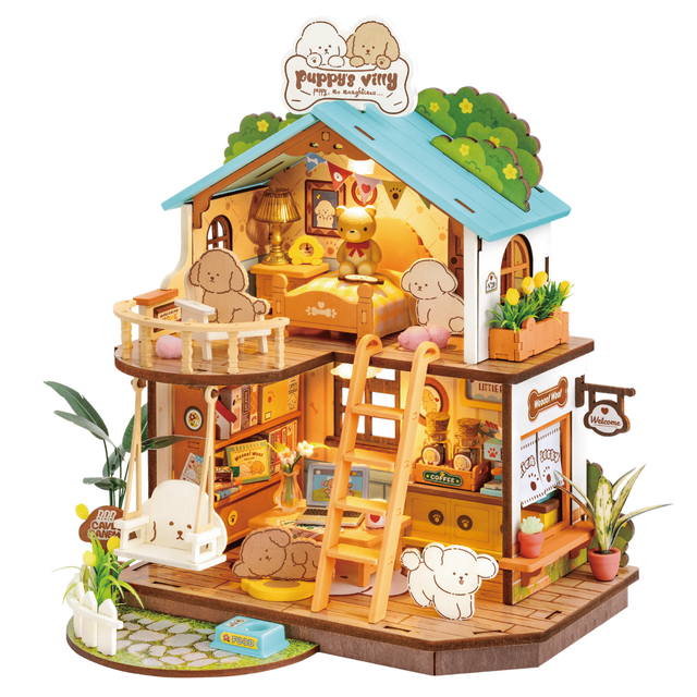 Rolife Puppy's Cozy Villa miniature house with warm LED lighting