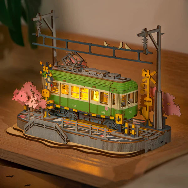 Rolife Sakura Journey 3D wooden puzzle Japanese tram model with cherry blossoms and LED lighting