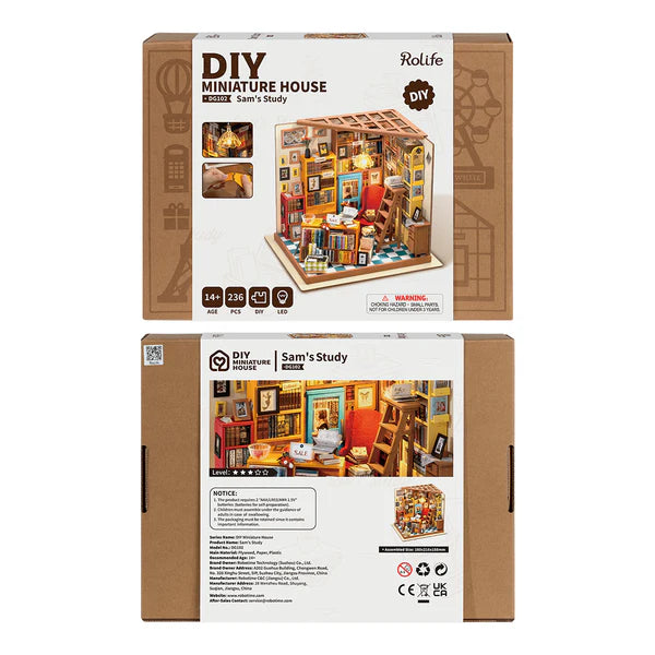 Rolife Sam’s Study library miniature house DG102 packaging