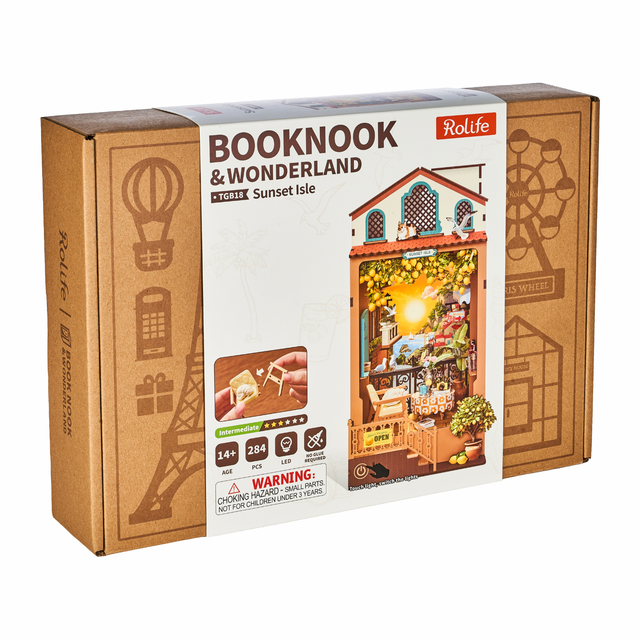 Rolife Sunset Isle DIY Book Nook TGB18 bookshelf insert packaging