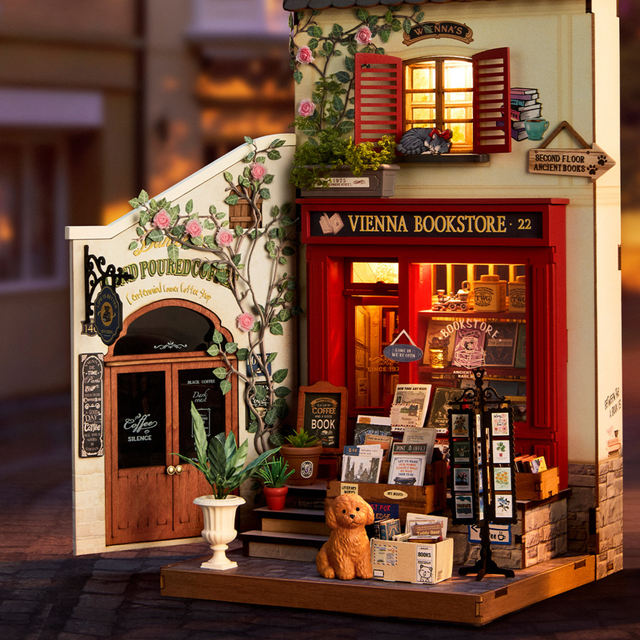 Rolife Vienna Bookstore miniature house with warm LED lighting