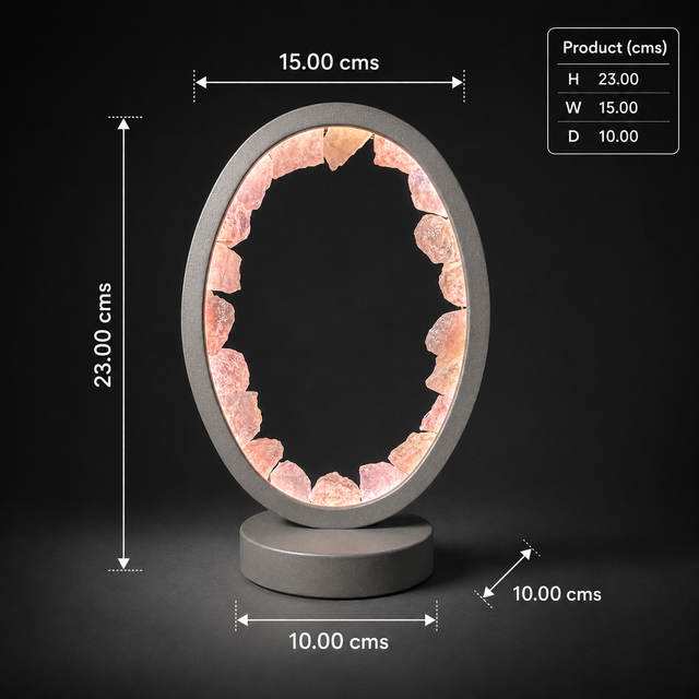 Illuminated Rose Quartz LED crystal lamp with contemporary grey oval frame
