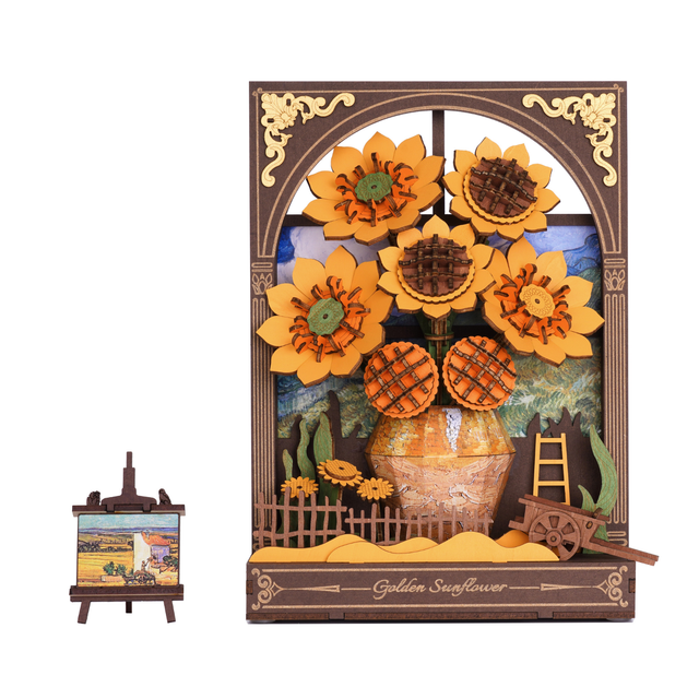 Rowood Golden Sunflower TH002 wooden flower kit with warm LED lighting