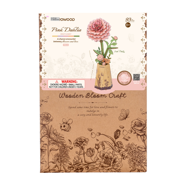 Rowood pink dahlia wooden flower DIY kit TW131 packaging