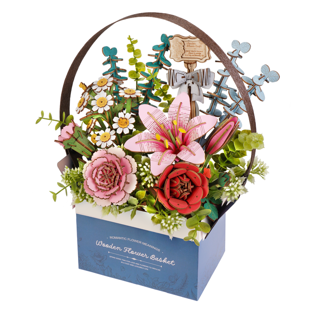 Rowood flowers arranged in a decorative wooden flower basket