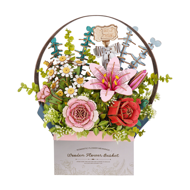 Rowood Wooden Flower Basket DIY with handcrafted wooden flowers