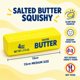 Salted Butter squishy toy infographic showing 13cm size and slow-rise sensory features