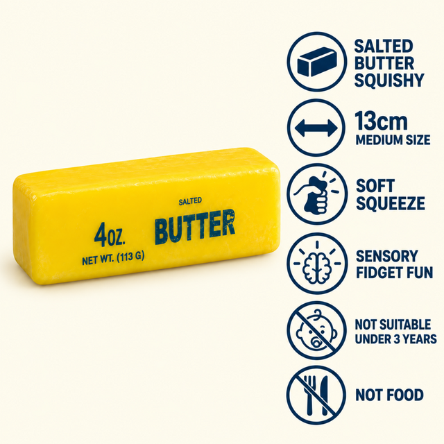 Salted butter sensory squishy toy 13cm features and safety information