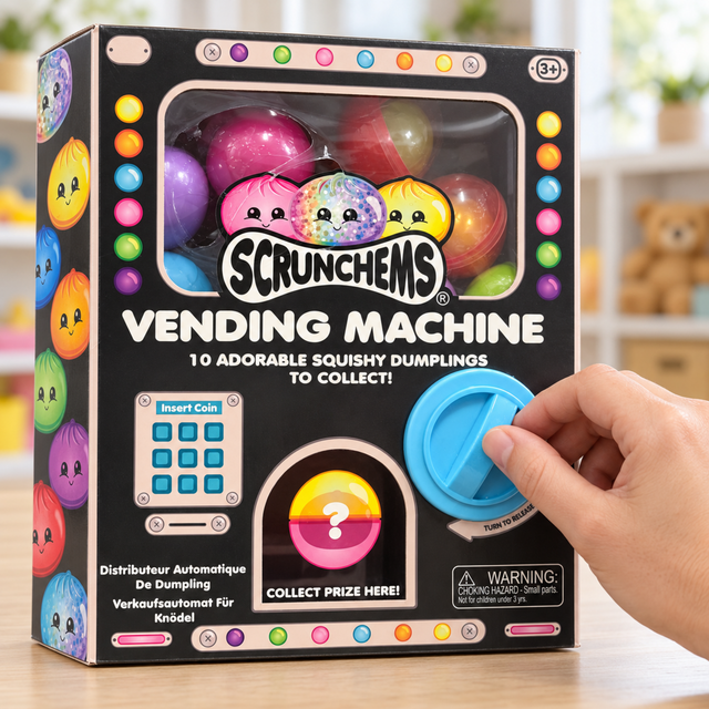 Scrunchems dumpling vending machine blue dial being turned