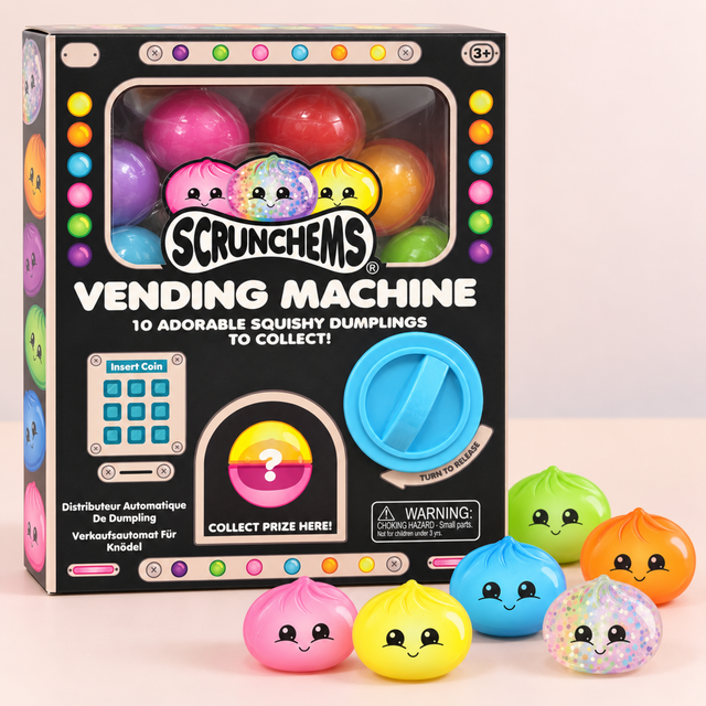 Scrunchems vending machine with colourful dumpling squishies