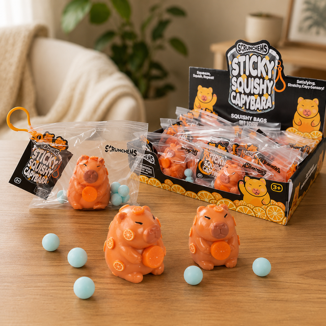 Scrunchems Sticky Capybara Sensory Squishy Toy with attached pom pom balls and orange slice decorations