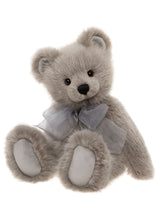 Side view of Silver Birch Charlie Bear showing soft grey plush and bow