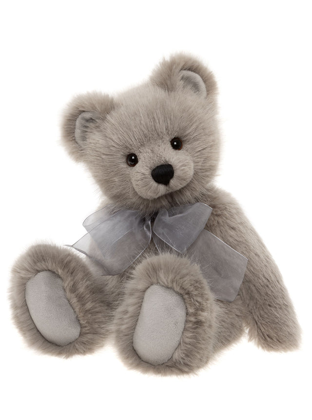 Side view of Silver Birch Charlie Bear showing soft grey plush and bow