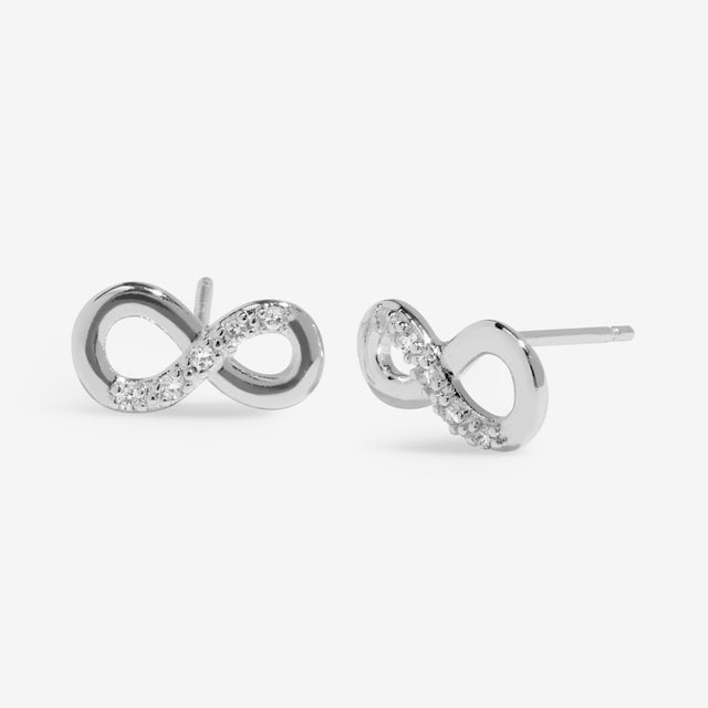 Silver infinity stud earrings front view