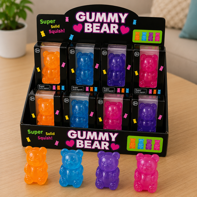 Solid colour gummy bear sensory stress toy with soft squishy texture in assorted colours