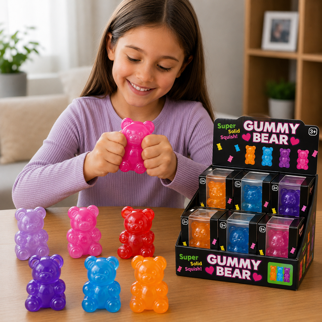 Solid colour gummy bear squishy fidget toy in assorted colours for stress relief, sensory play and improved focus