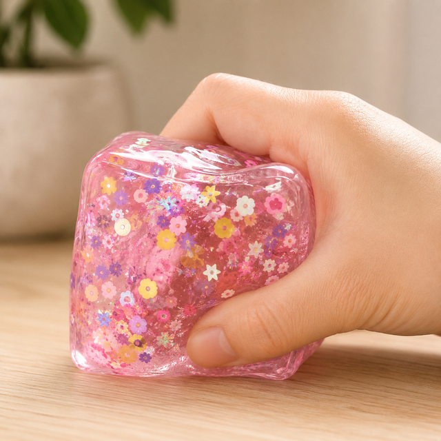 Sparkle Cube Squishy Fidget Toy being squeezed in hand for stress relief, anxiety reduction and sensory play