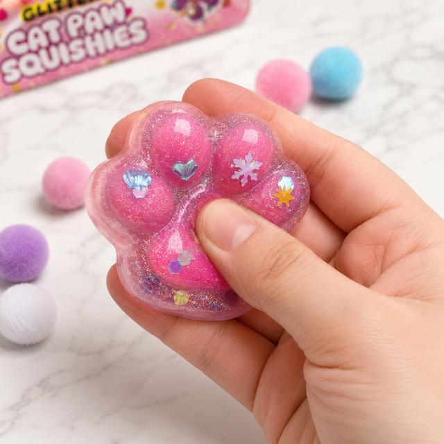 Sparkly Glitter Cat Paw squishy toy with attached fluffy pom pom bobbles