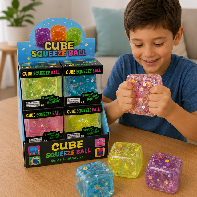 Sparkly glitter cube sensory squishy toy with a soft squeezable texture in assorted colours for tactile play and fidgeting