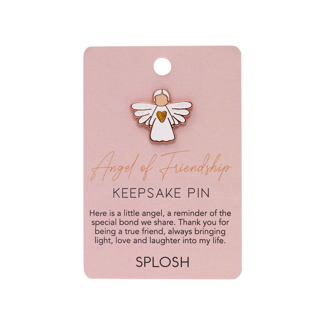 Splosh Angel of Friendship Keepsake Pin on pink card with heartfelt message about love, laughter, and friendship.