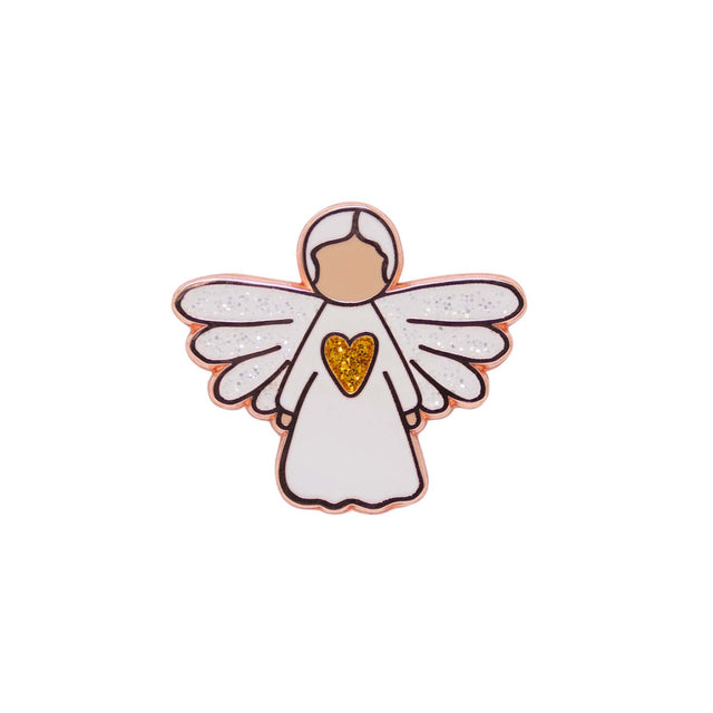 Close-up of Splosh Angel of Friendship Keepsake Pin showing ceramic angel design with rose-gold detailing.
