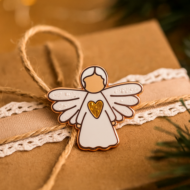Splosh Angel of Friendship pin tied on a lace-wrapped gift box, perfect as a thoughtful friendship or thank-you gift.