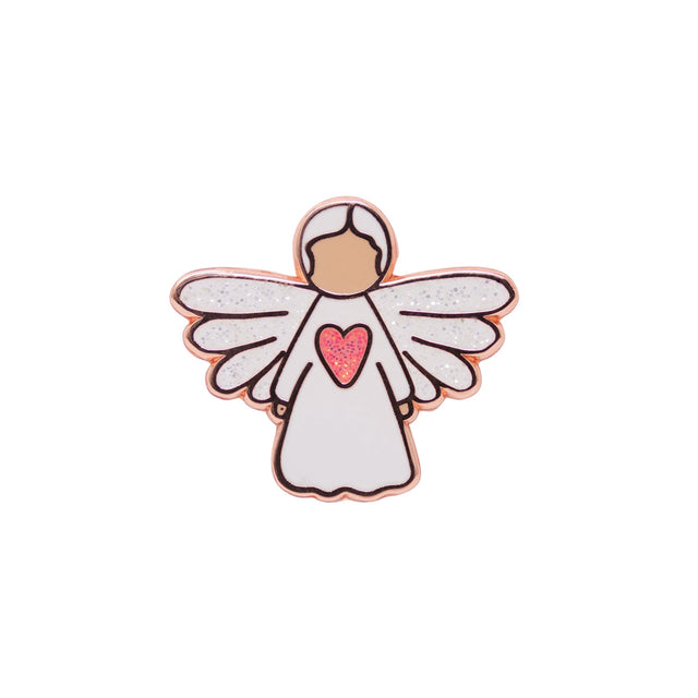 Close-up of Splosh Angel of Guidance ceramic pin with rose-gold accents and delicate angel wings.