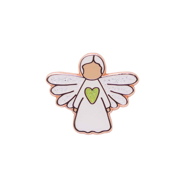 Close-up of Splosh Angel of Healing enamel keepsake pin with white wings and rose gold detail.