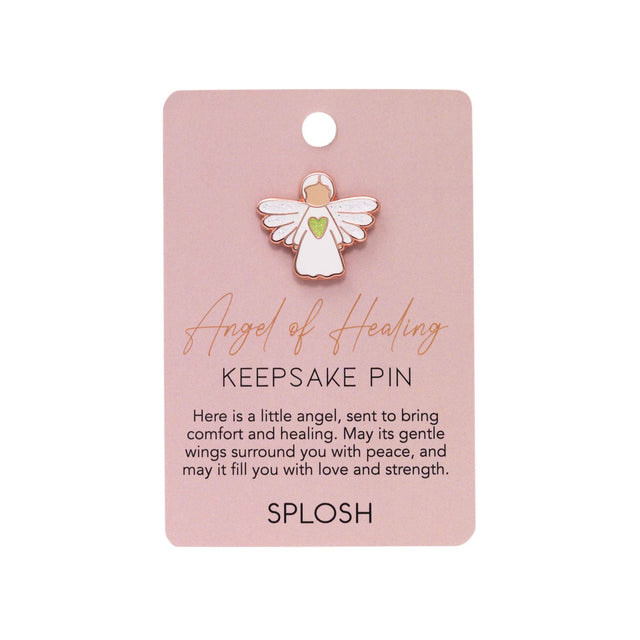 Splosh Angel of Healing Keepsake Pin on pink display card with inspirational message about comfort and healing.