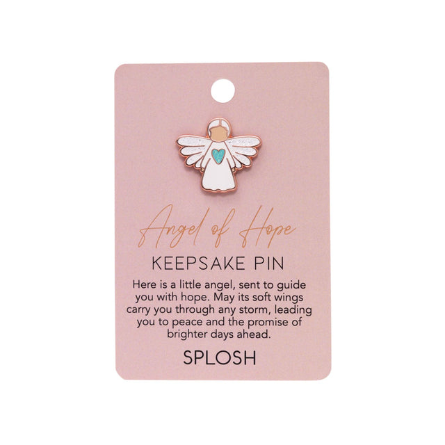 Splosh Angel of Hope Keepsake Pin displayed on pink backing card with uplifting message about guidance and brighter days.