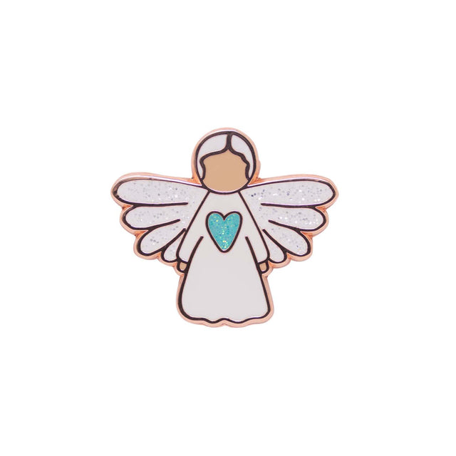Close-up of Splosh Angel of Hope Keepsake Pin showing ceramic angel with rose-gold accents and soft pastel detailing.