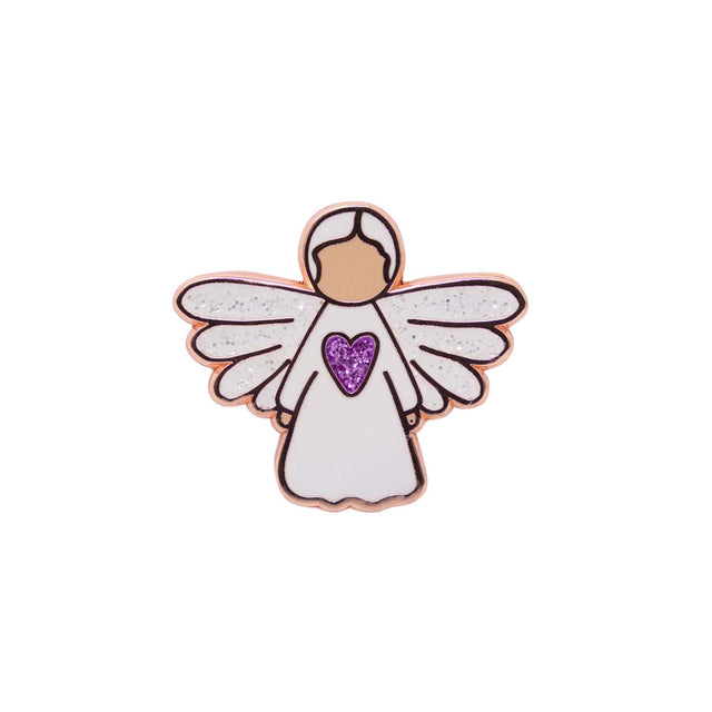 Close-up of Splosh Angel of Prayer enamel keepsake pin with rose gold wings and white ceramic detail.