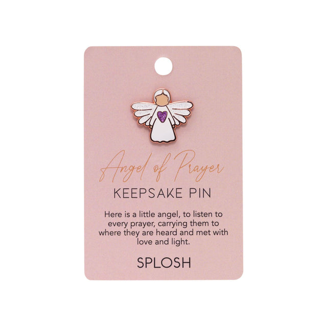 Splosh Angel of Prayer Keepsake Pin on pink backing card with sentimental message about faith and love.