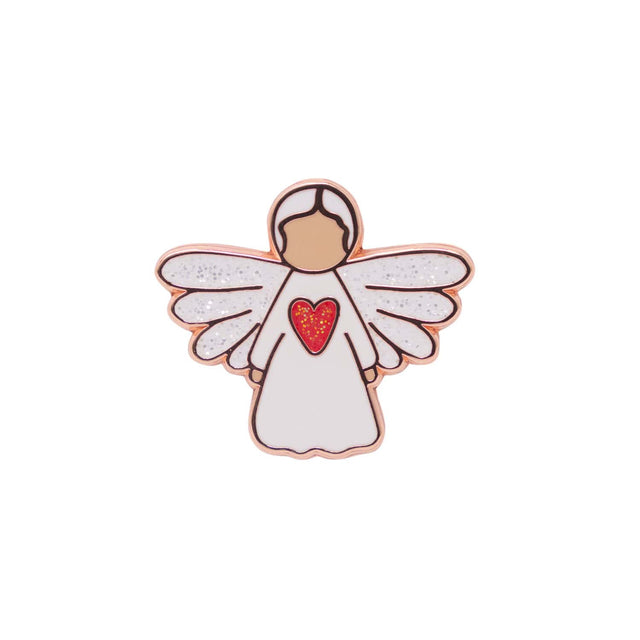 Close-up of Splosh Angel of Strength ceramic pin with rose gold heart detail and delicate wings.