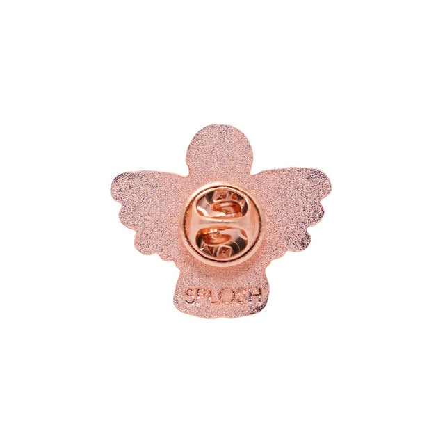 Rear view of Splosh Angel of Strength pin showing ceramic craftsmanship and rose-gold clasp detail.