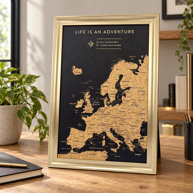 Splosh black Europe travel map with gold frame standing on wooden furniture in a neutral home setting