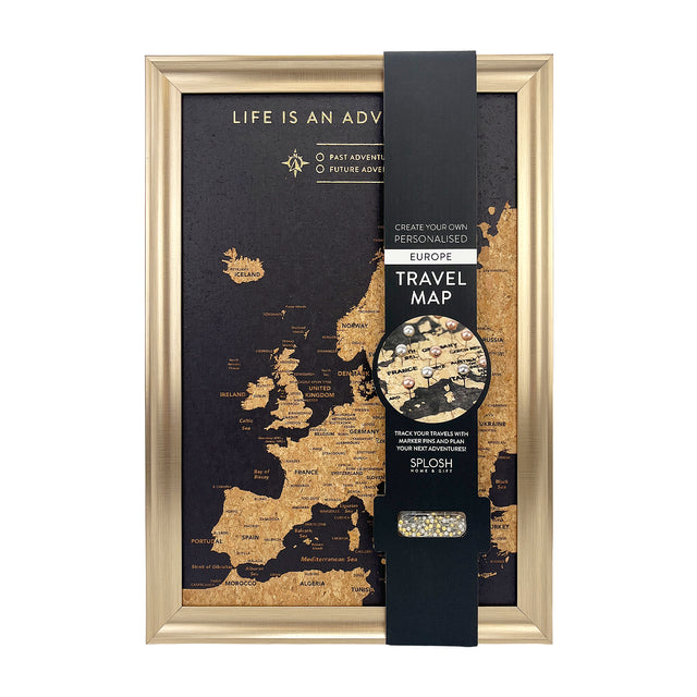 Splosh black Europe XL Desk travel map with gold frame and product packaging