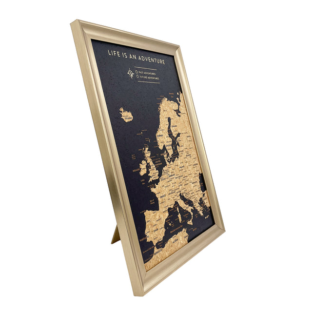 Angled view of the Splosh black Europe XL Desk travel map showing its pull-out stand