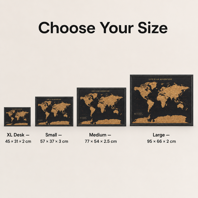 Splosh black world travel map with pins in XL Desk, Small, Medium and Large sizes
