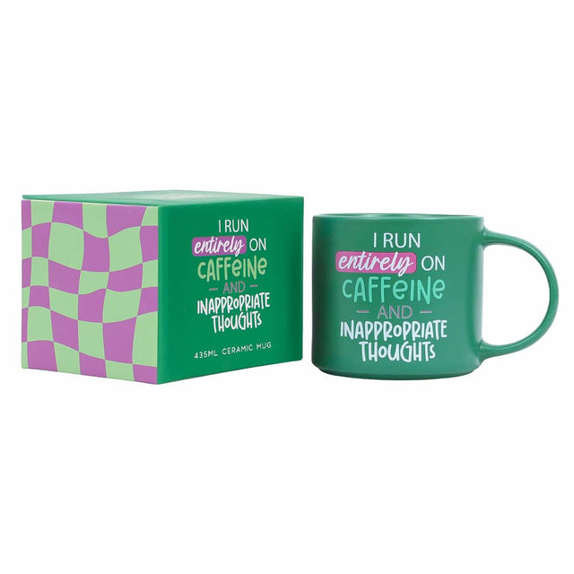 Splosh Cheeky Mug Caffeine shown with colourful packaging, green funny mug perfect for gifting to friends, coworkers, or family.