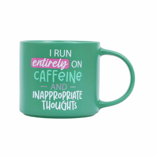 Splosh Cheeky Mug Caffeine – green ceramic mug with funny quote “I run entirely on caffeine and inappropriate thoughts.” Witty coffee mug for work or home.