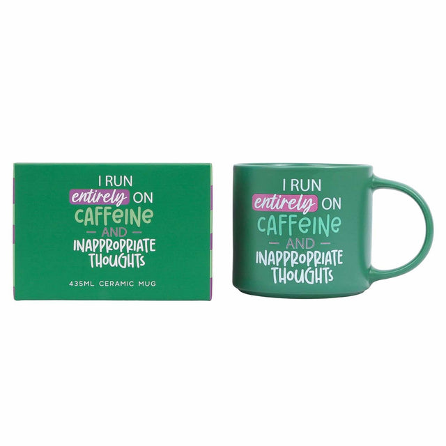 Close-up of Splosh Cheeky Mug Caffeine showing bold, humorous design and witty saying, ideal for everyday coffee or tea.