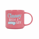 Splosh Cheeky Mug Classy Savage – pink ceramic mug with the quote “Classy with a savage side”, witty mug for her, funny coffee cup gift.