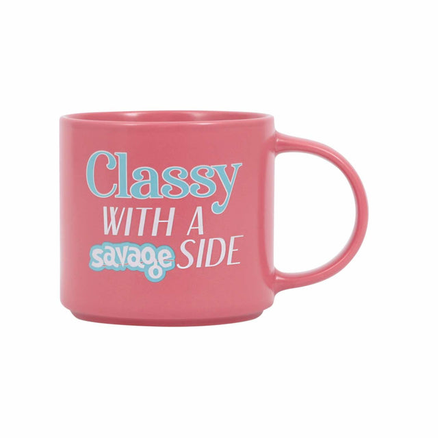 Splosh Cheeky Mug Classy Savage – pink ceramic mug with the quote “Classy with a savage side”, witty mug for her, funny coffee cup gift.