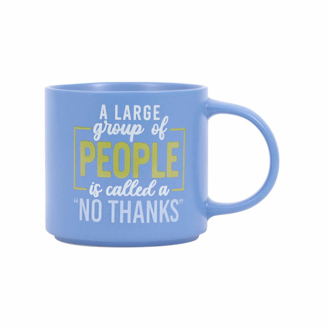 Splosh Cheeky Mug No Thanks – blue ceramic mug with funny quote “A large group of people is called a NO THANKS.” Witty introvert coffee mug for work or home.