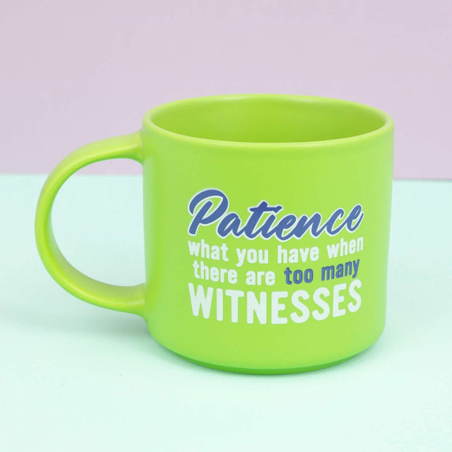 Funny green Splosh Cheeky Mug Patience – humor coffee cup perfect for office mornings.