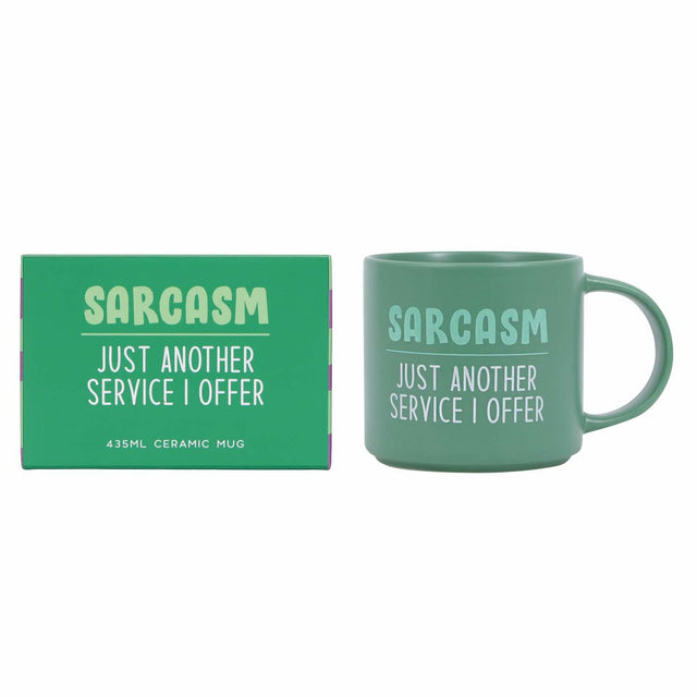 Close-up of Splosh Sarcasm Mug text design in white lettering, witty green ceramic coffee cup for sarcastic humour lovers.