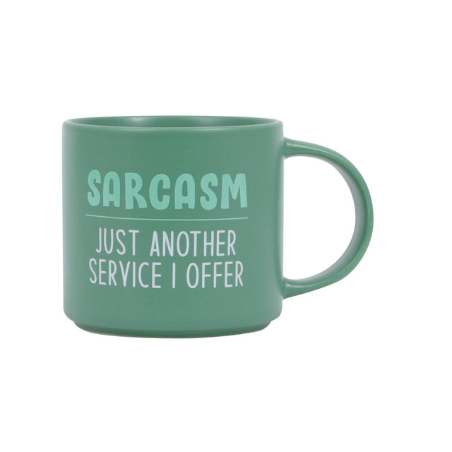 Splosh Cheeky Mug Sarcasm – green ceramic mug with white text reading “Sarcasm. Just another service I offer.” Funny witty coffee mug gift for work or home.