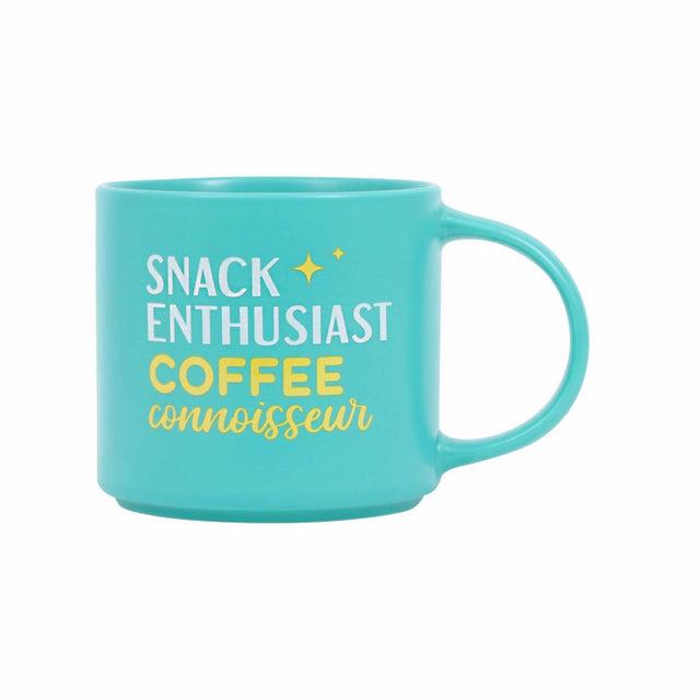 Splosh Cheeky Mug Snack Coffee – turquoise ceramic mug with the quote “Snack Enthusiast. Coffee Connoisseur”, witty mug for coffee and snack lovers.