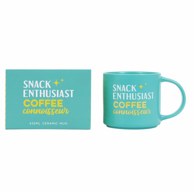 Close-up of Splosh Cheeky Mug Snack Coffee with gold and white text – humorous mug for coffee connoisseurs.